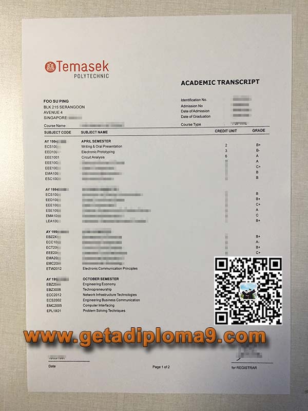 淡马锡理工学院成绩单，淡马锡理工学院毕业证, Temasek Poly transcript