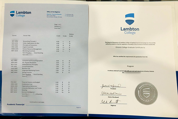 Lambton College certificate and transcript